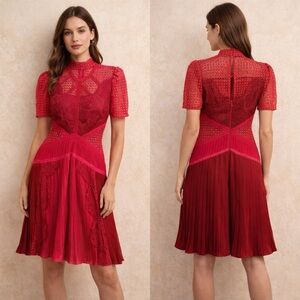 Self-Portrait Pink Guipure Lace Pleated Mini Dress Size US 4